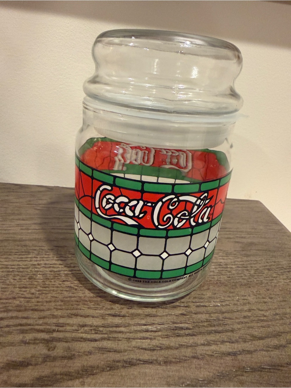 Vintage 1999 Coca-Cola Stained Glass Pattern Jar Canister/Candy Jar with Lid